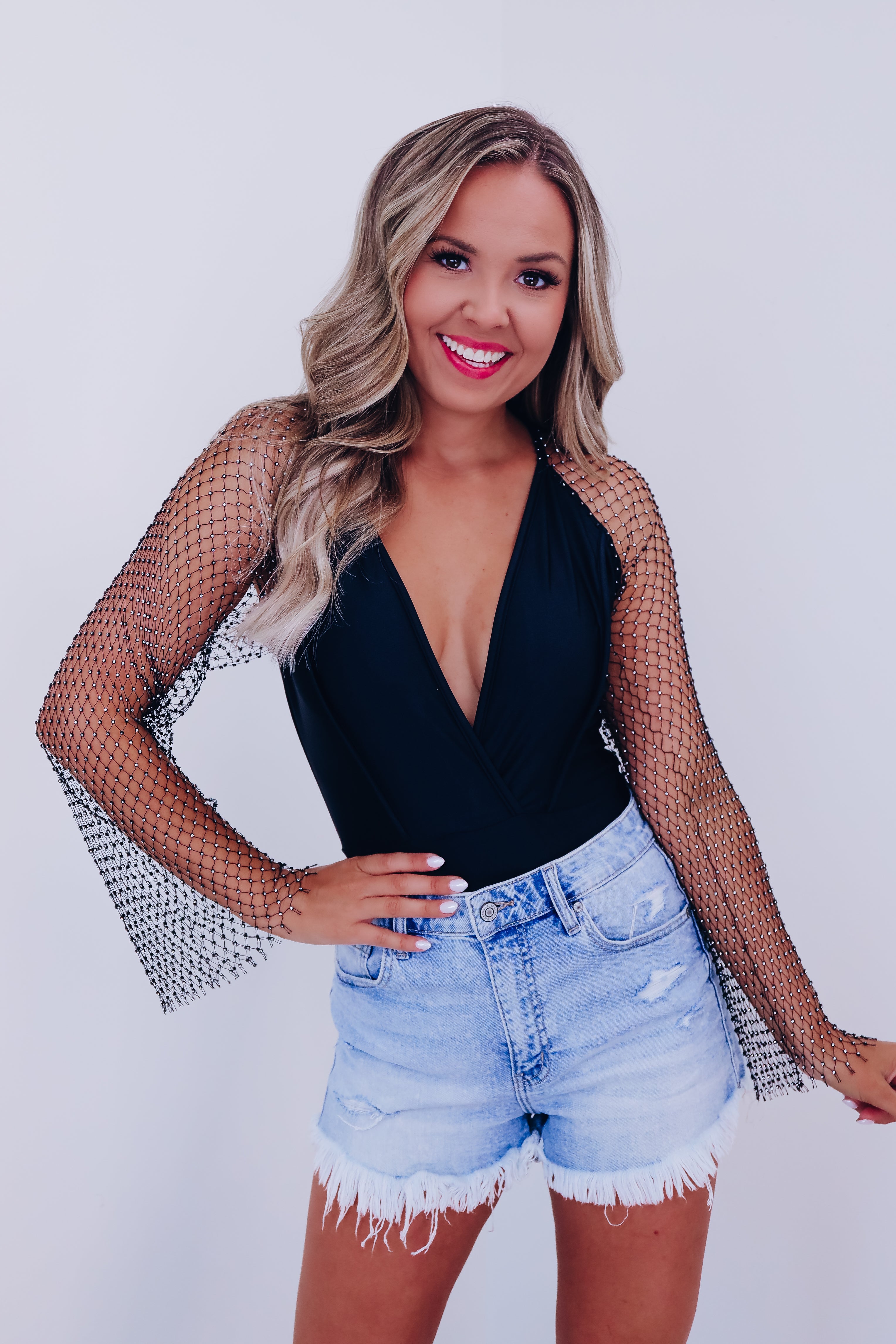Riki Mesh Rhinestone Sleeve Bodysuit - Black – Whiskey