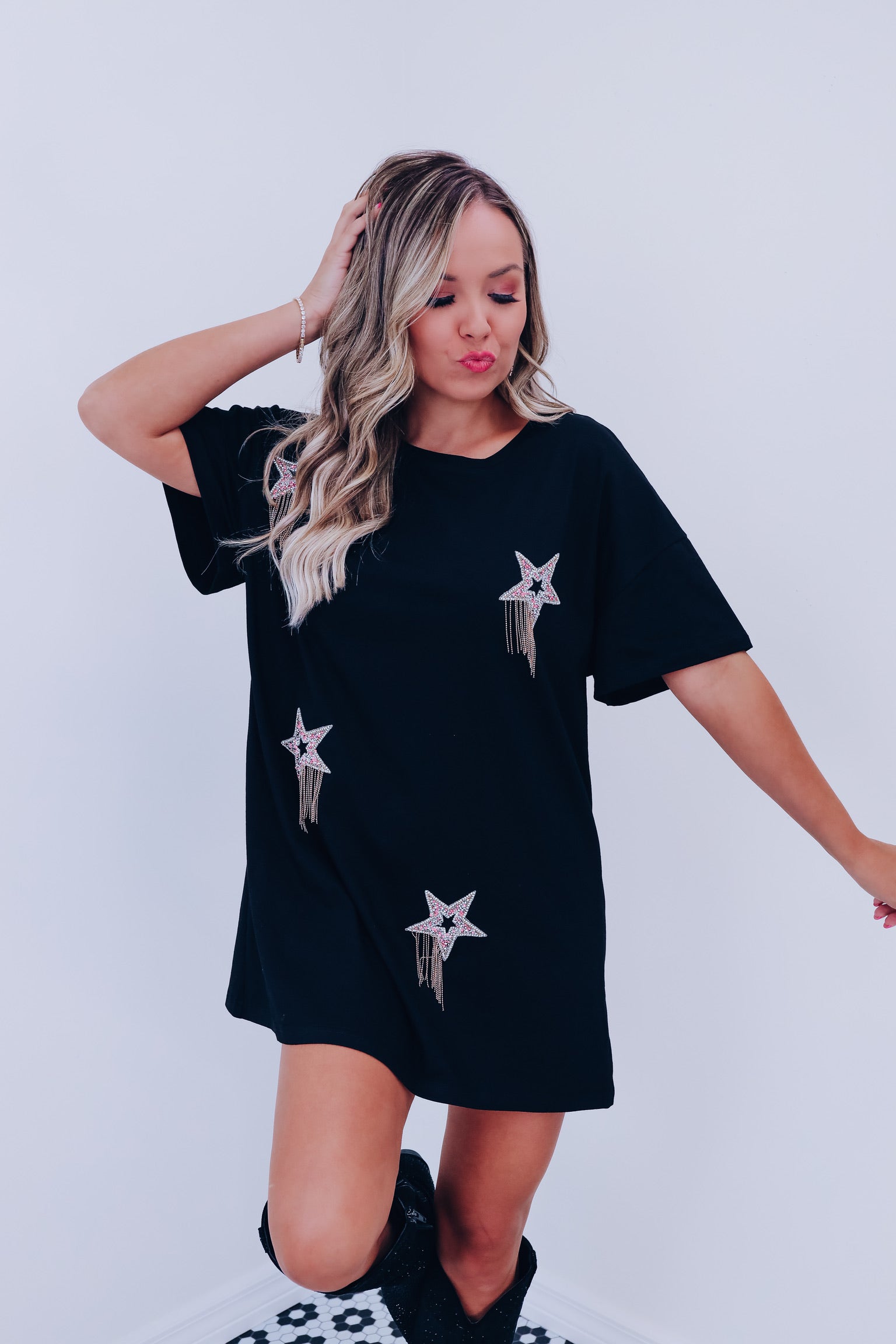 Comet Rhinestone T Shirt Dress Black Whiskey Darling Boutique