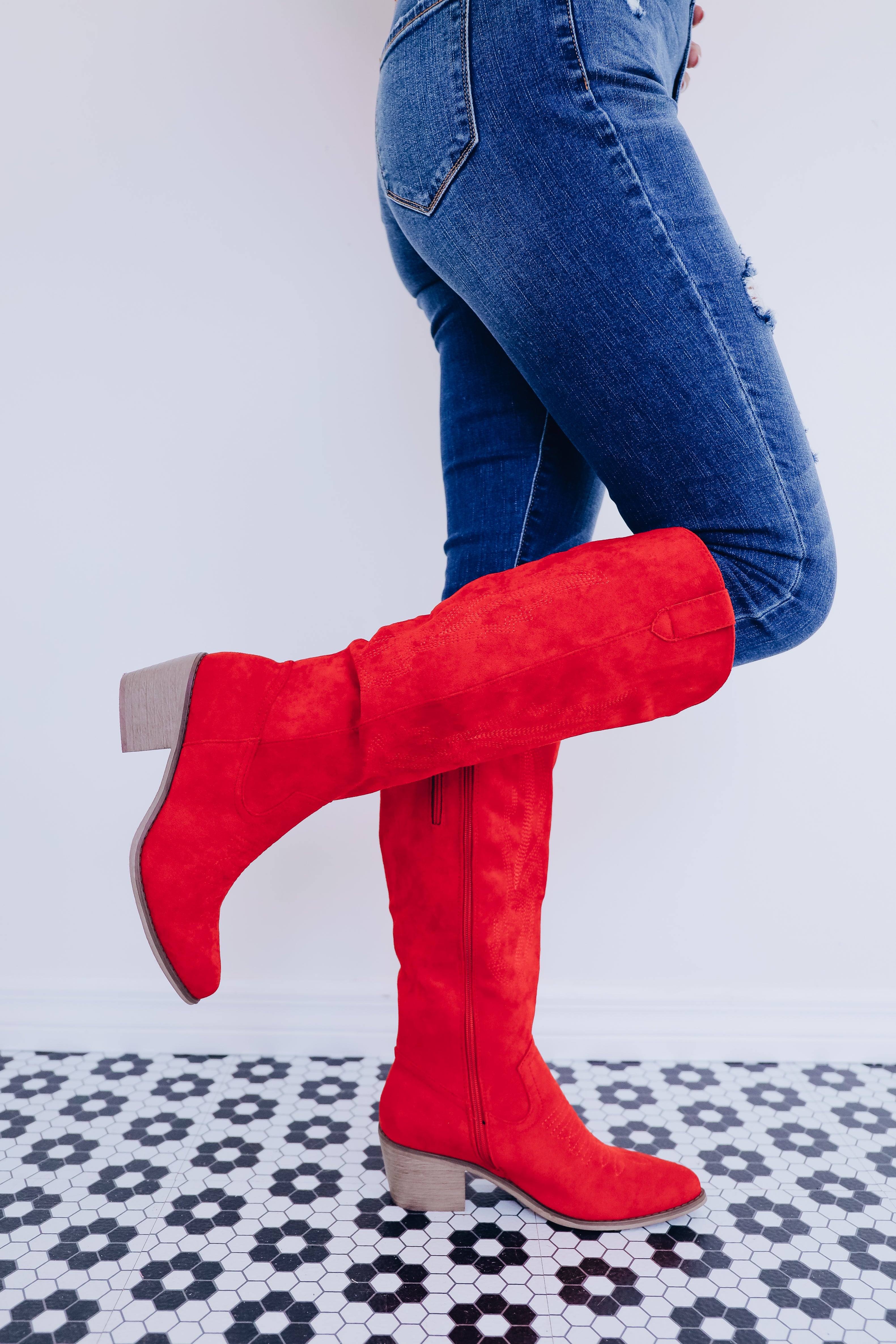 Oaklee Faux Suede Knee High Boot Red Whiskey Darling Boutique