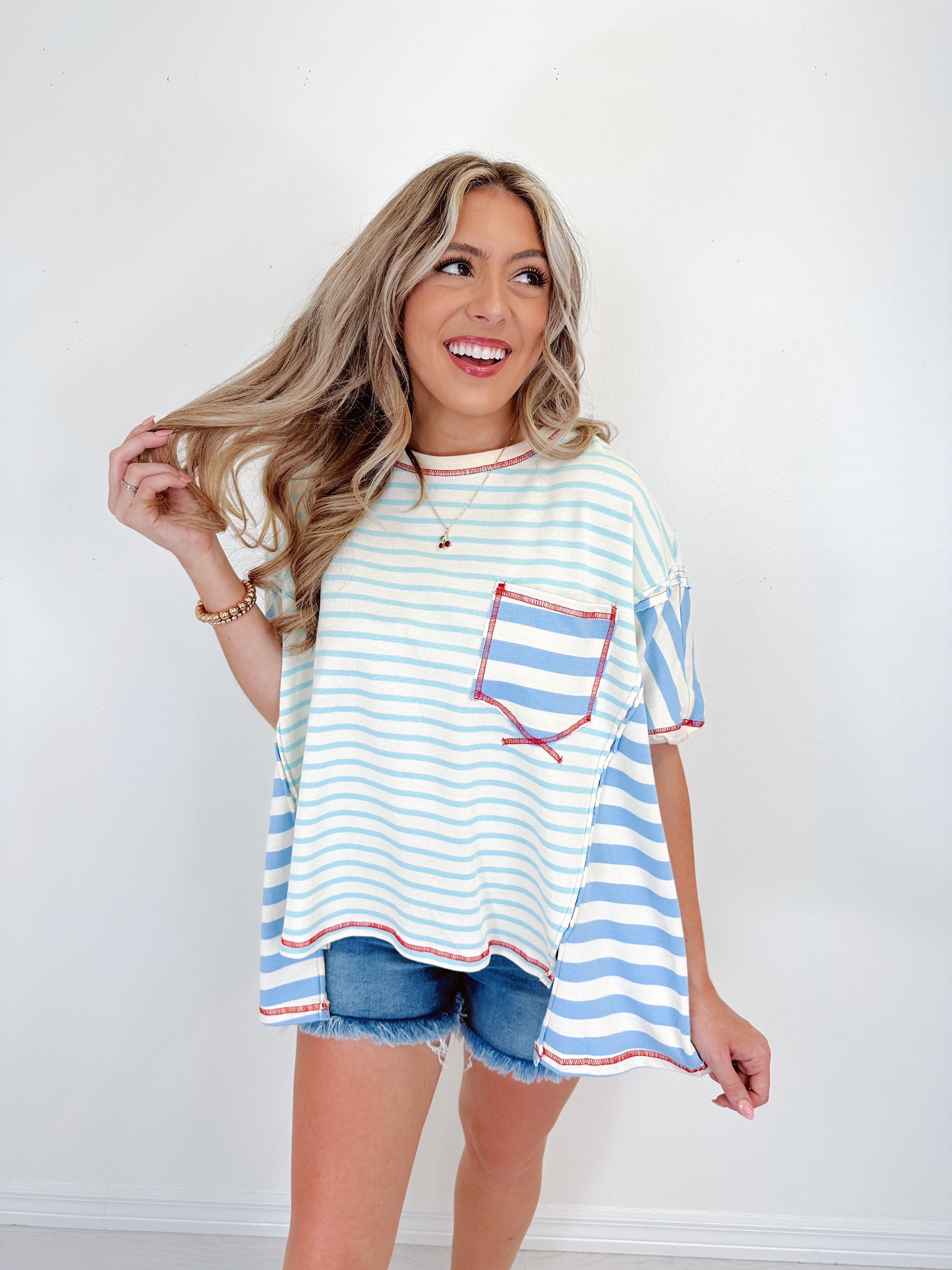 激安通販サイト Callie Striped Colorblock Top - Blue – Whiskey Darling Boutique トップス