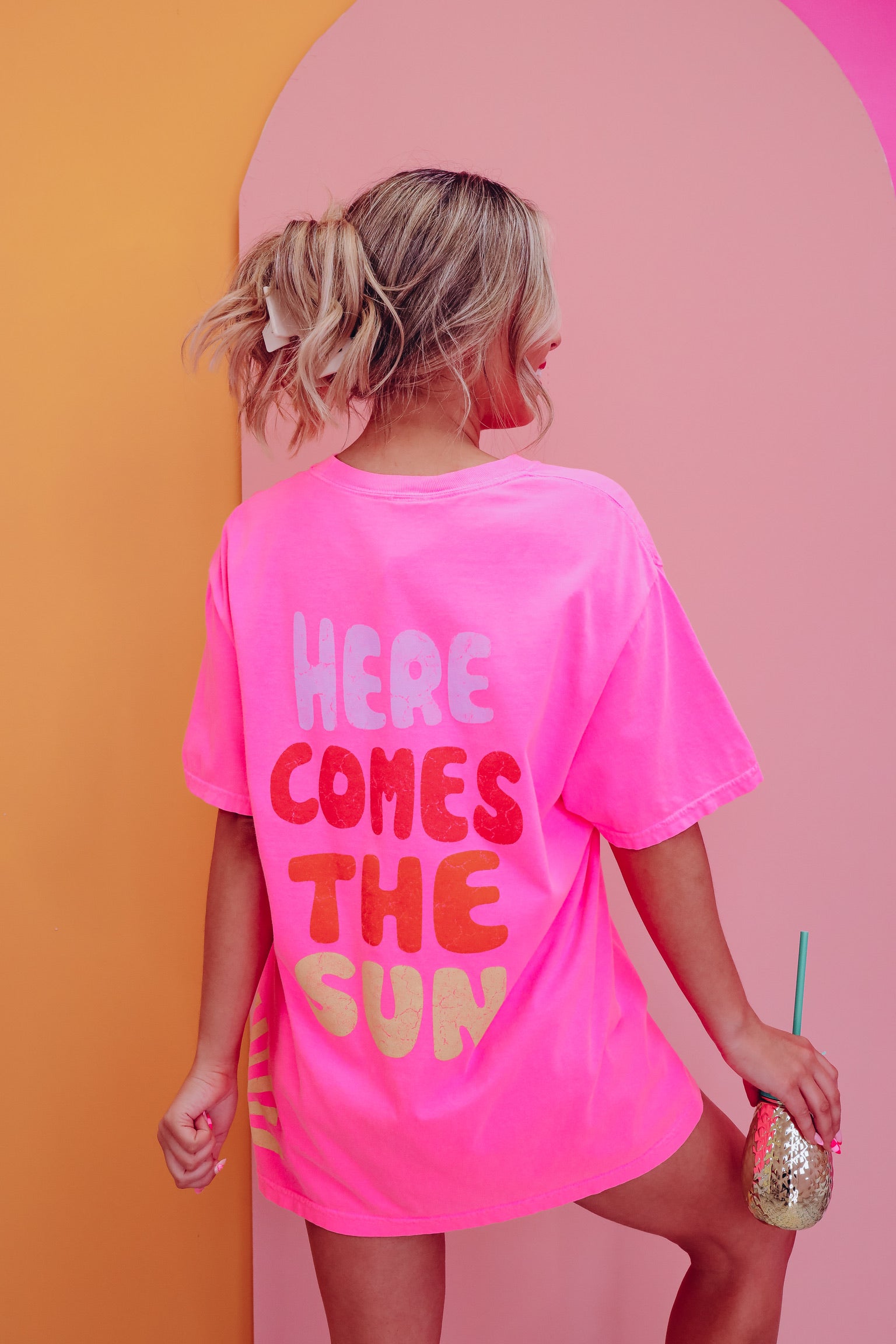 Here Comes The Sun Oversized Graphic Tee Neon Pink Whiskey Darling Boutique