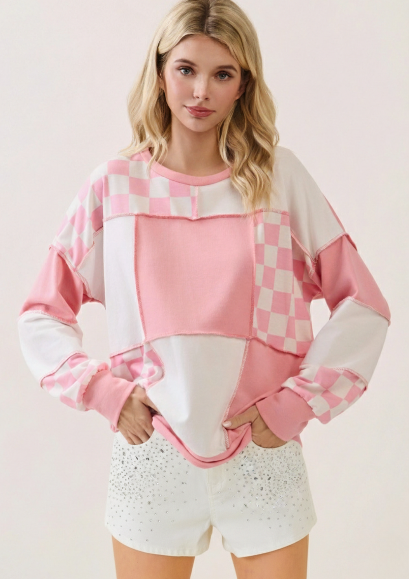 Checkered Print Patchwork pullover top T6173 - Whiskey Darling Boutique