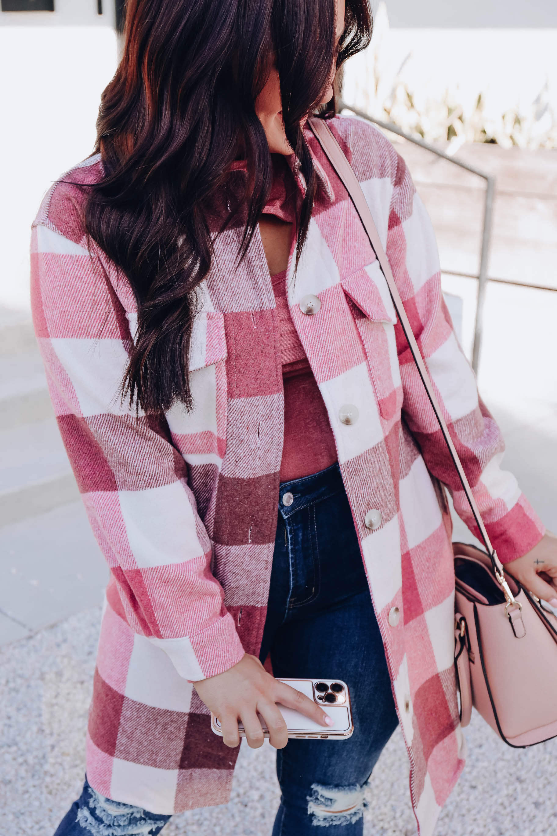 Pink plaid jacket best sale