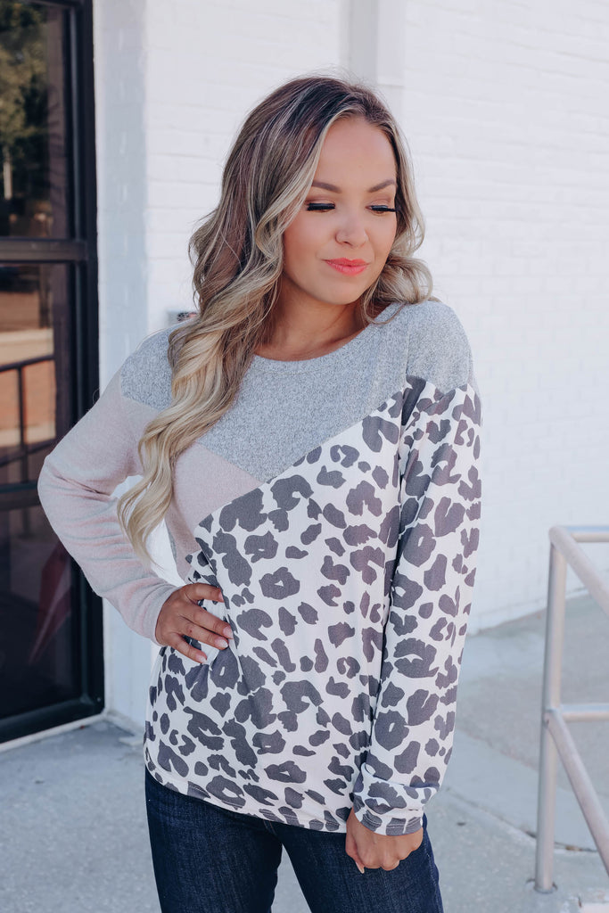Ember Color Block Leopard Top - Grey – Whiskey Darling Boutique
