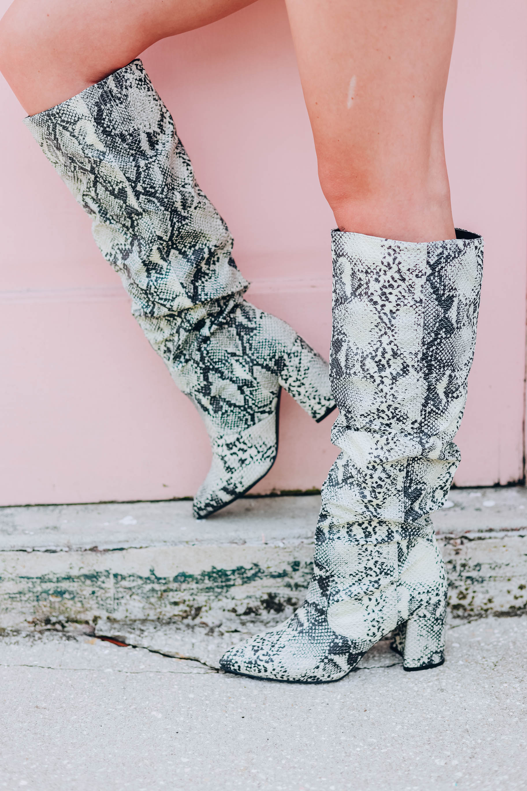 Knee High Snakeskin Slouch Boot Stone Black Whiskey Darling Boutique