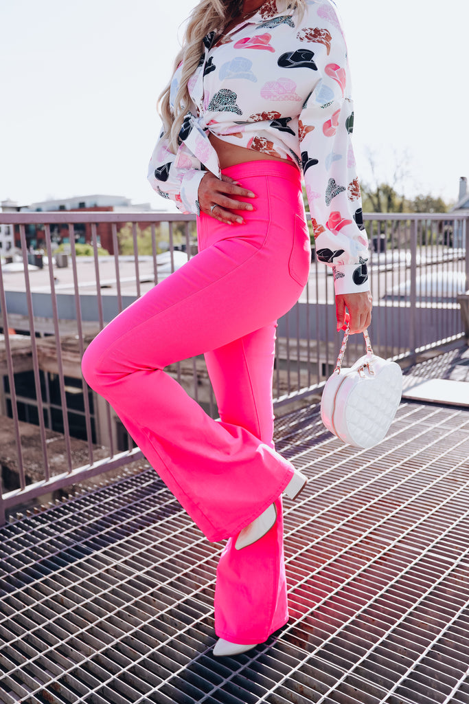Made To Gallivant” Neon Pink Super Stretch Bell Bottom Jeans